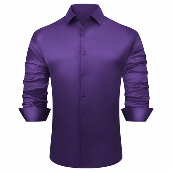 BRGZLK Men Business Casual Satin Shirt Long Sleeve Turn Down Collar Trendy Cozy Button Up Shirt Top Party Shirt Purple L