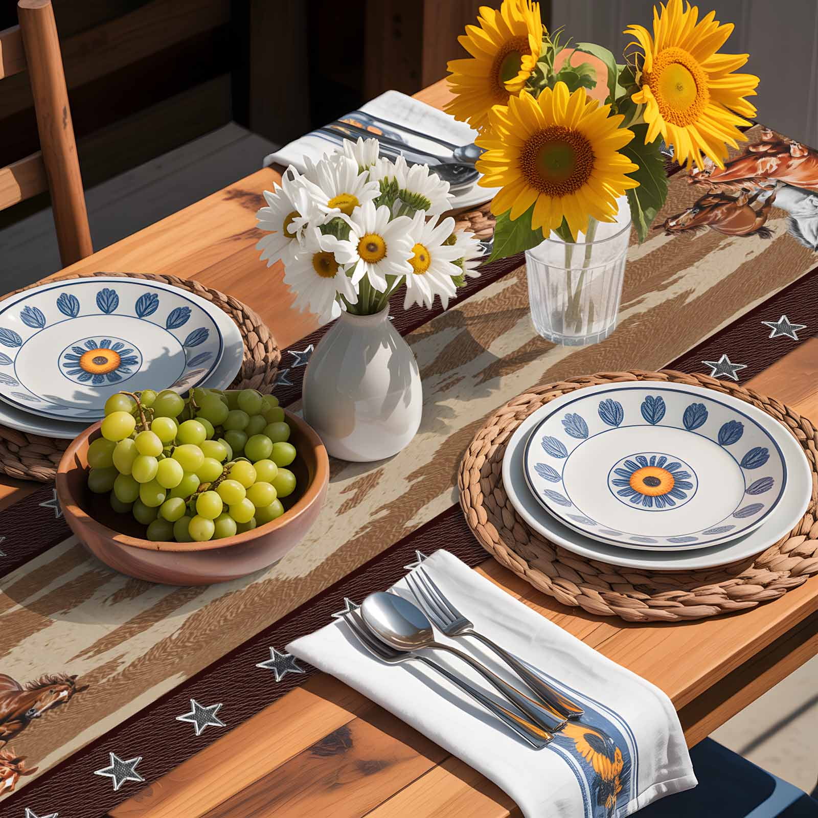 Horses Table Runner, Western Brown White Horse Brown Animal Texture Stars Washable Kitchen Table Runners Dress Scarves for Dining Table Decorations Party, 13x90in