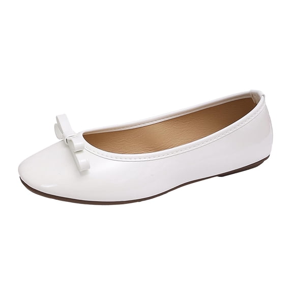 Gpaecead Women's Bow Flats Solid Color Patent Leather Slip On Soft Sole Comfort Versatile Casual Work Shoes, White