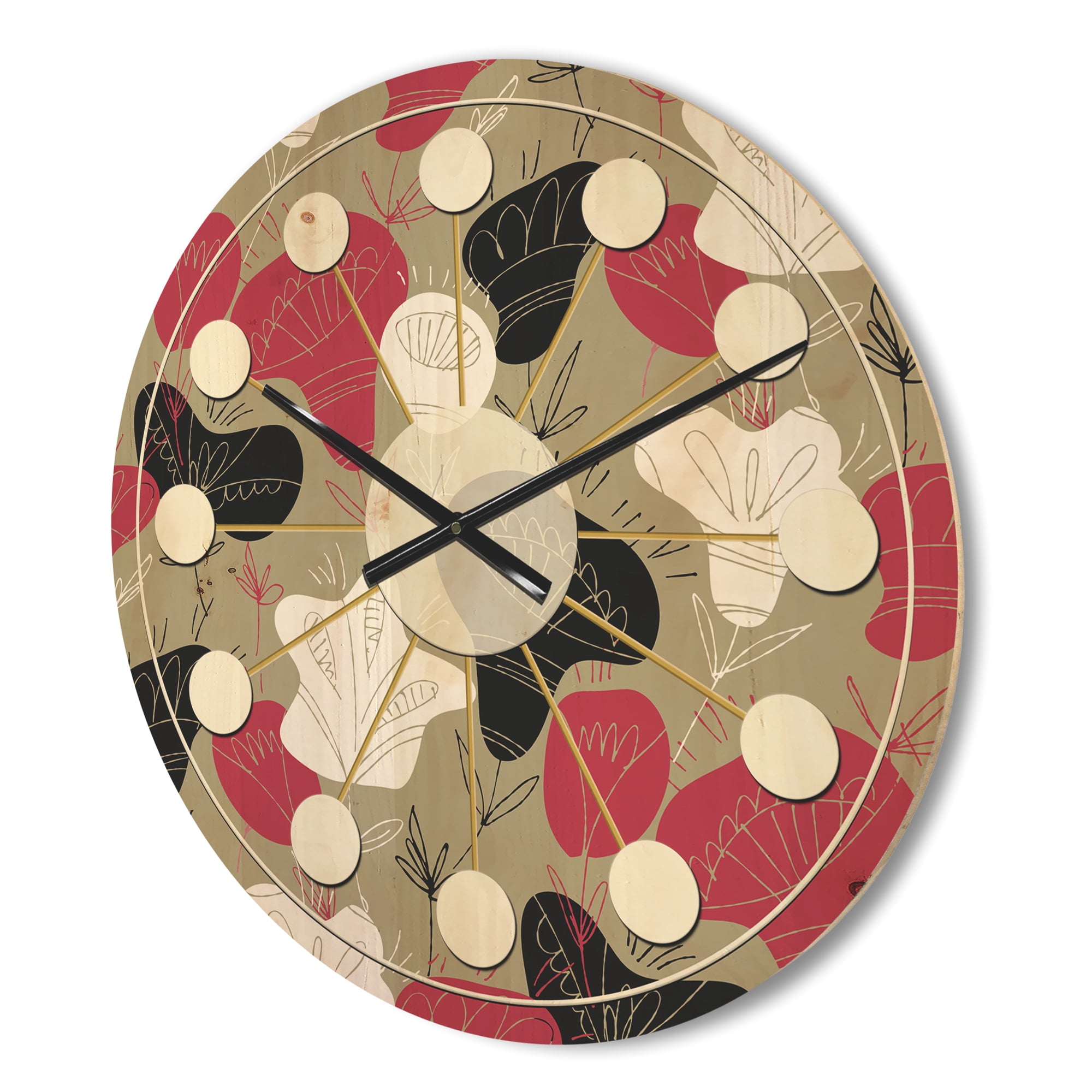 Designart 'Folk Flowers Retro Pattern' Mid-Century Modern Wood Wall Clock