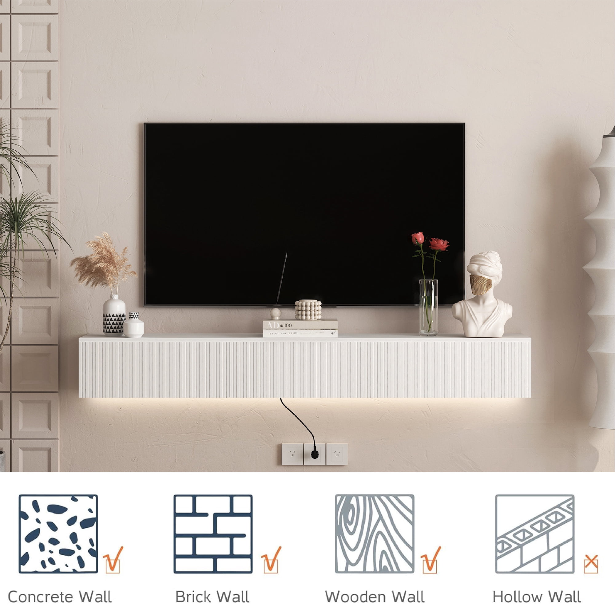 Yoneston 69" Wall Mounted Floating TV Stand wih LED for 55/60/65inch TV, Modern TV Stand with Drawer, High Gloss Entertainment Center for Living Room, White