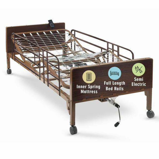 Semi Electric Hospital Bed with innerspring Mattress and Full Rails Included - for Home Care Use and Medical Facilities - Fully Adjustable, Easy Transport Casters, Remote - 80" x 36"