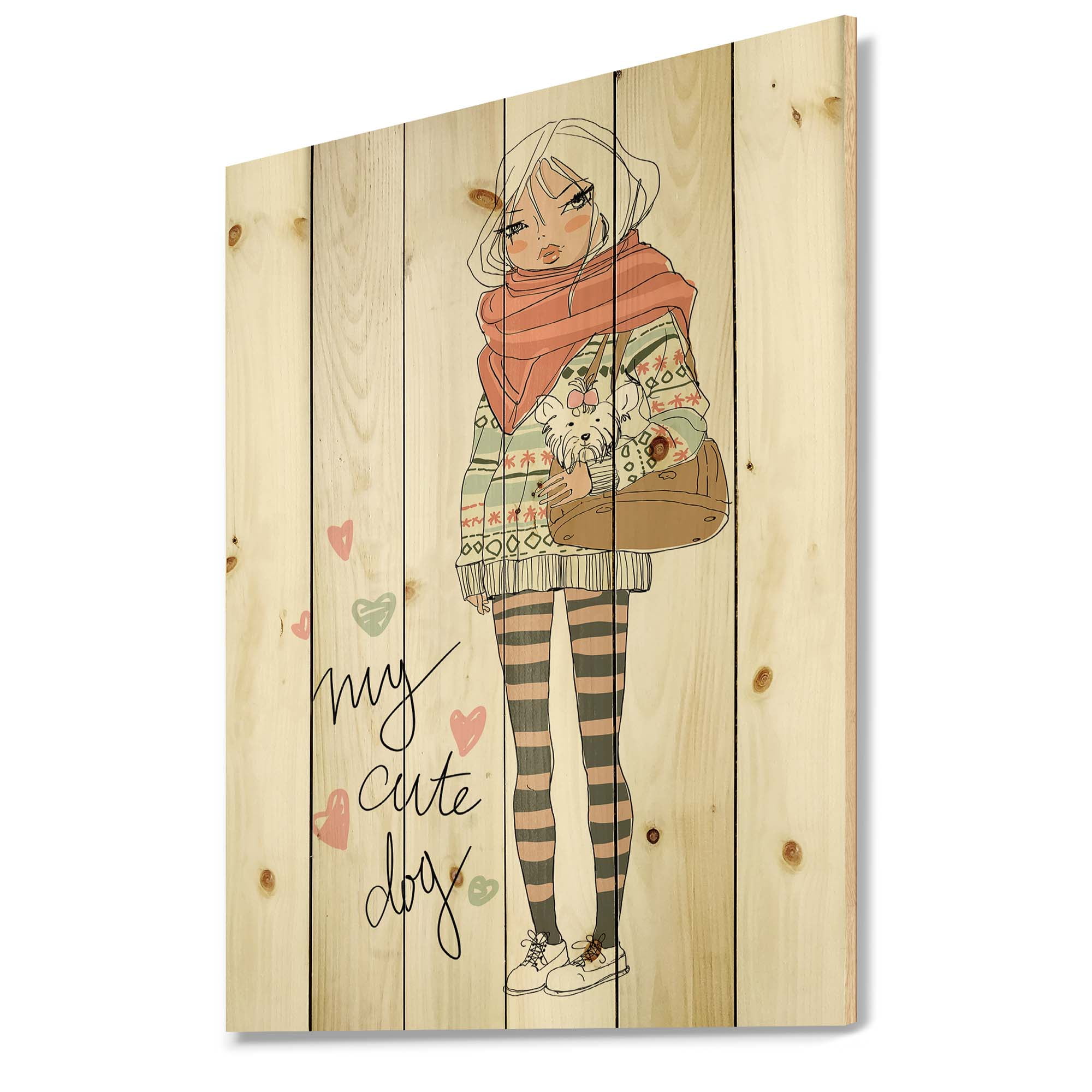 Designart 'My Cute Dog Cute Girl With Dog' Shabby Chic Print on Natural Pine Wood