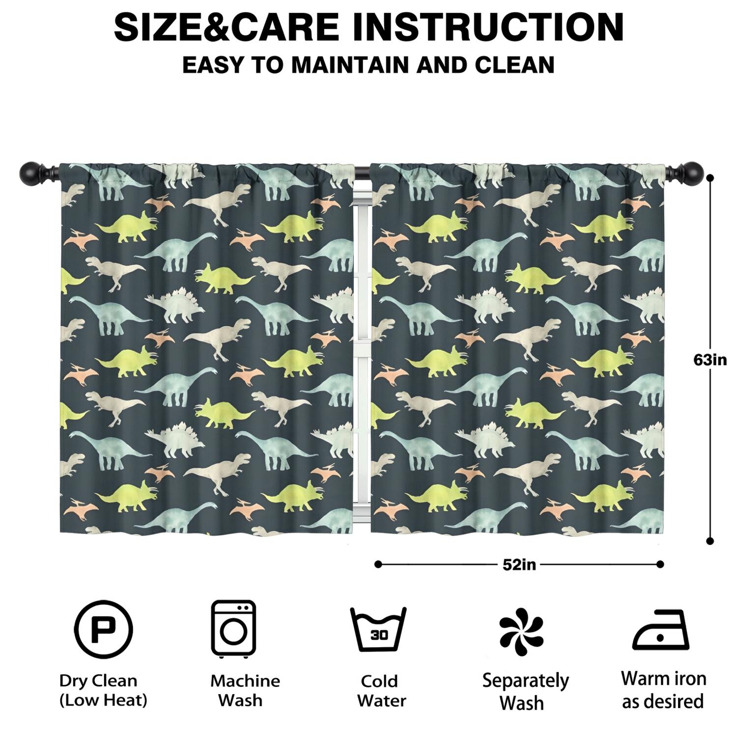 Blackout Kids Curtains,Dark Watercolor Dinosaur Pattern Childrens Insulated Curtains Set Of 2,Bedroom Essentials,Toddler Room Decor 52"x63"