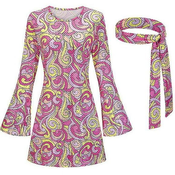 2023 Halloween 70s Hippy Disco Costume Dress Headband+dress