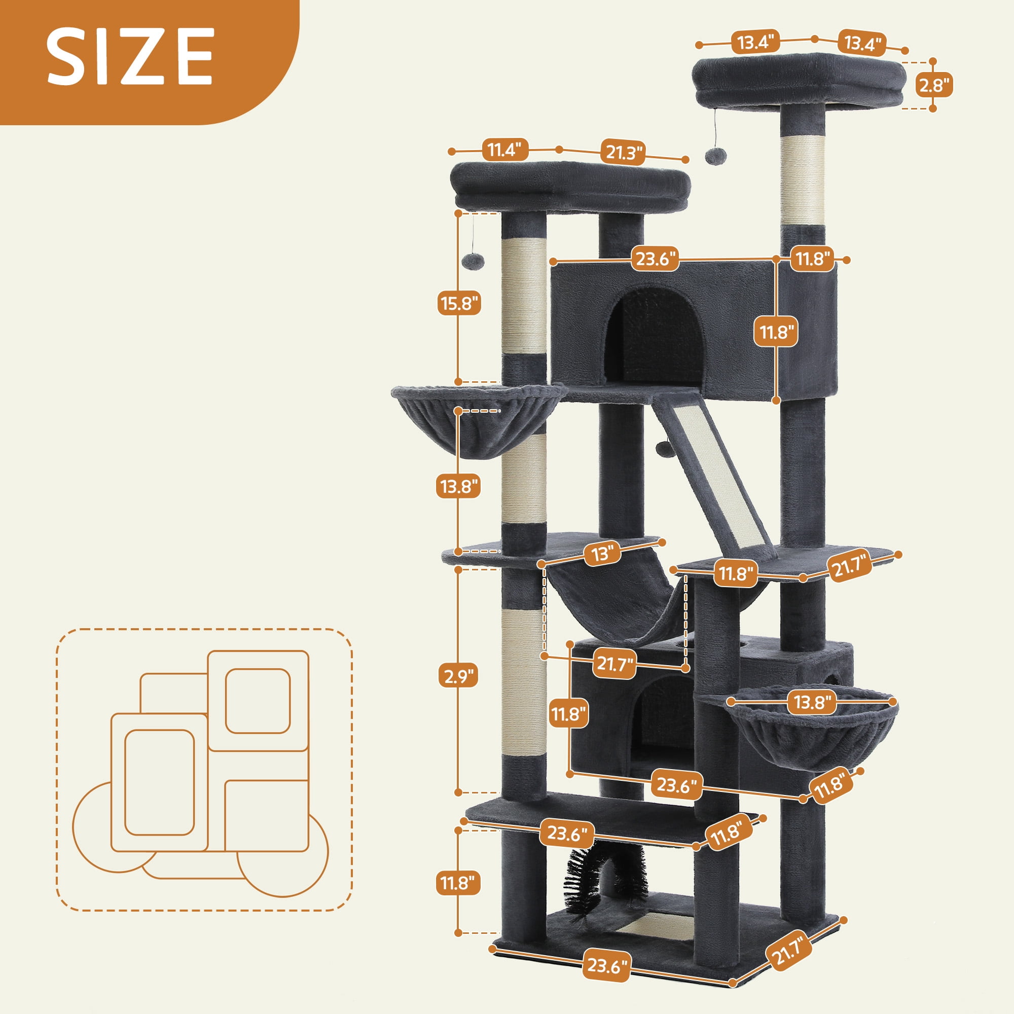 PAWZ Road 77" Cat Tree Multilevel Play Tower Enlarged Condo Hammock Sisal Scratching Posts Pads, Dark Gray