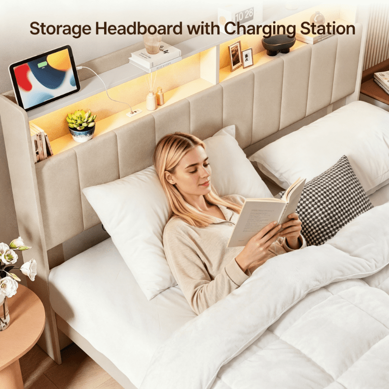 Queen Size Upholstered Bed Frame with LED Storage Headboard, Lofka Beige Linen Platform Bed with USB/Type-C Charging, Smart RGB Lights, No Box Spring Needed