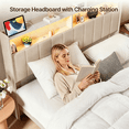 thumbnail image 3 of Queen Size Upholstered Bed Frame with LED Storage Headboard, Lofka Beige Linen Platform Bed with USB/Type-C Charging, Smart RGB Lights, No Box Spring Needed, 3 of 14