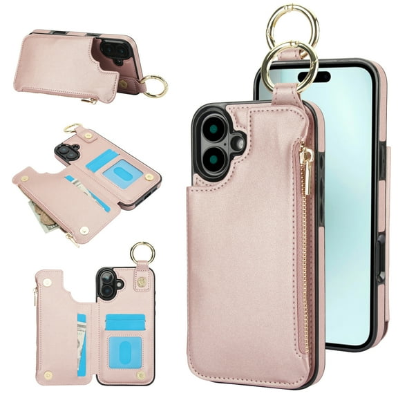 Allytechgroup iPhone 16 Wallet Case, RFID Blocking Zipper Pocket Ring Holder Kickstand Bumper Shockproof Portable Durable Phone Case for Apple iPhone 16, Rosegold