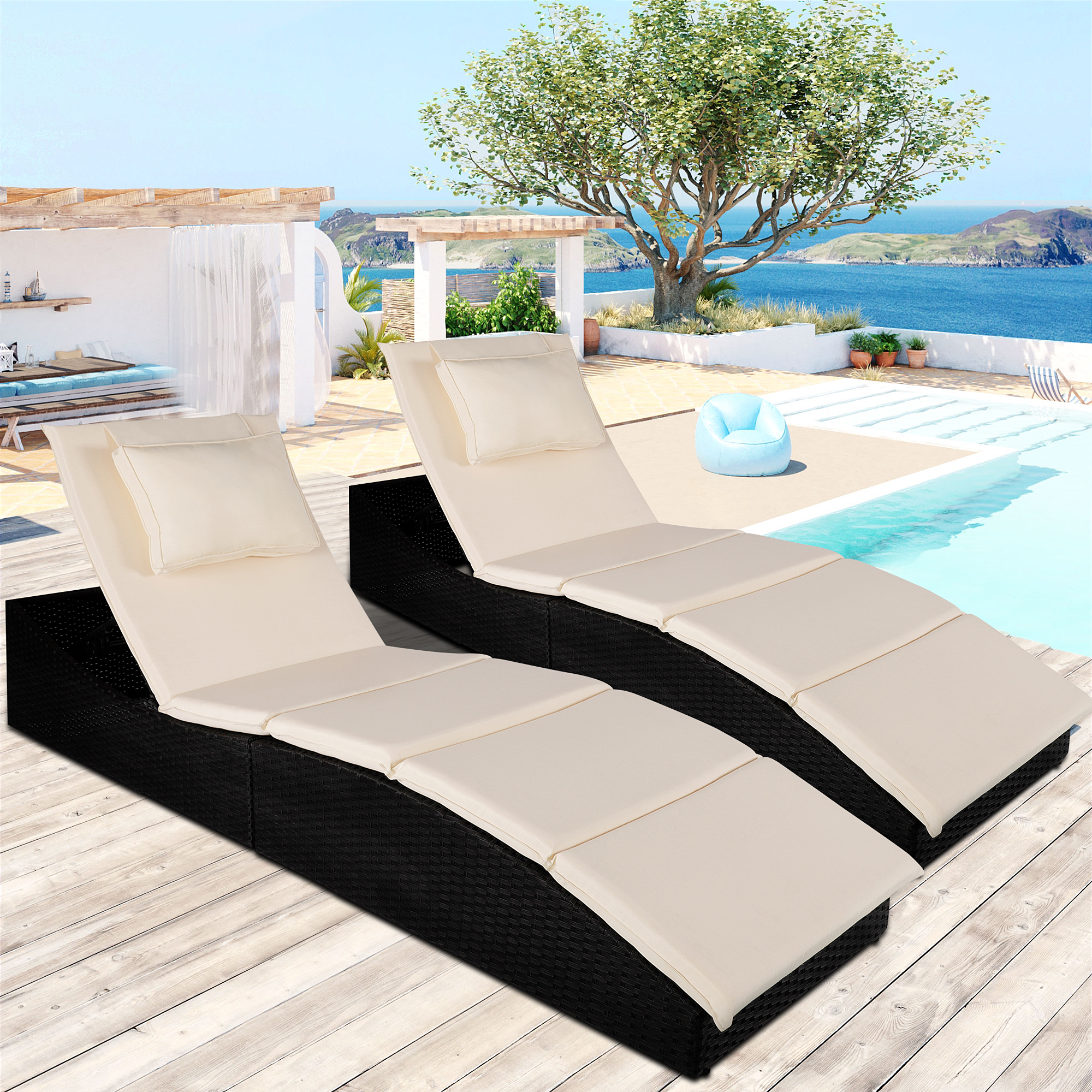 2-Piece Patio Rattan Pool Lounge Chair with Cushion, 5 Adjustable Positions Folding Patio Chaise Lounge, Outdoor Wicker Beach Reclining Chair, PE Rattan Beach Lounger Chair for Balcony Deck Patio, T25 - image 5 of 9