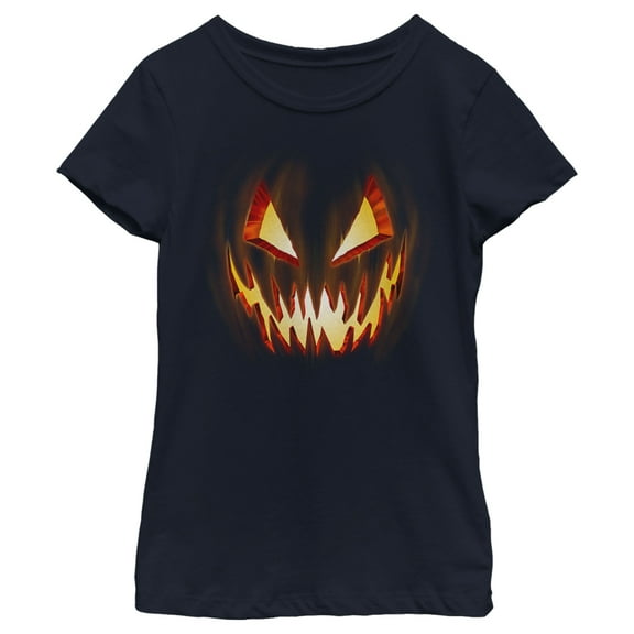 Girl's Lost Gods Evil Pumpkin Face Graphic Tee Navy Blue Small