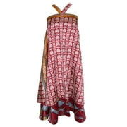 Mogul Silk Sari Wrap Around Skirt  Maroon Two Layer Reversible Printed Magic Skirts Beach Dress