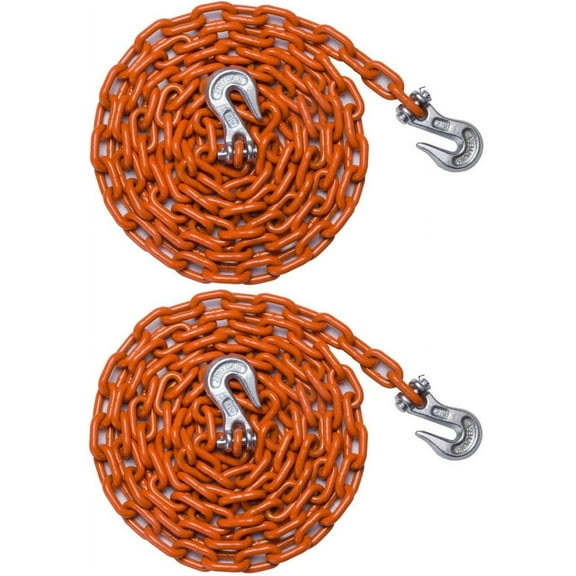 2PCS of 5/16-IN X 12FT Weld High Test Chain, Tow Chain, for Logging, Pulling, Binding, Securing, and Towing All Types of Loads, Grab Hook On Both Ends, Orange, 3,900 Capacity