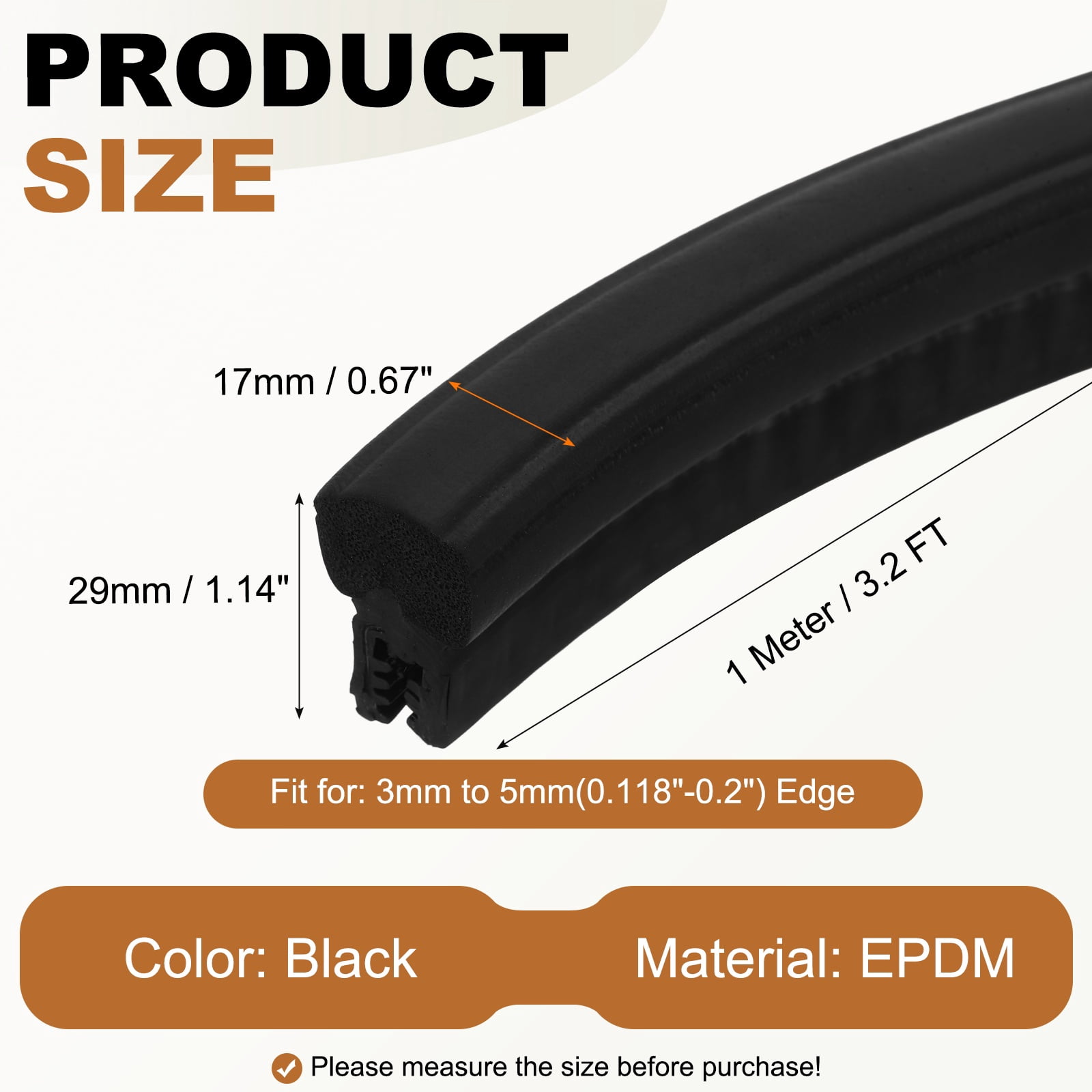 Door Weather Stripping 3.2FT, 17mm W x 29mm H EPDM Car Door Rubber Edge Trim Seal Strip Gasket with Top Bulb Fit 3mm to 5mm Edge for Electrical Cabinet Cars Boat RVs Truck, Black