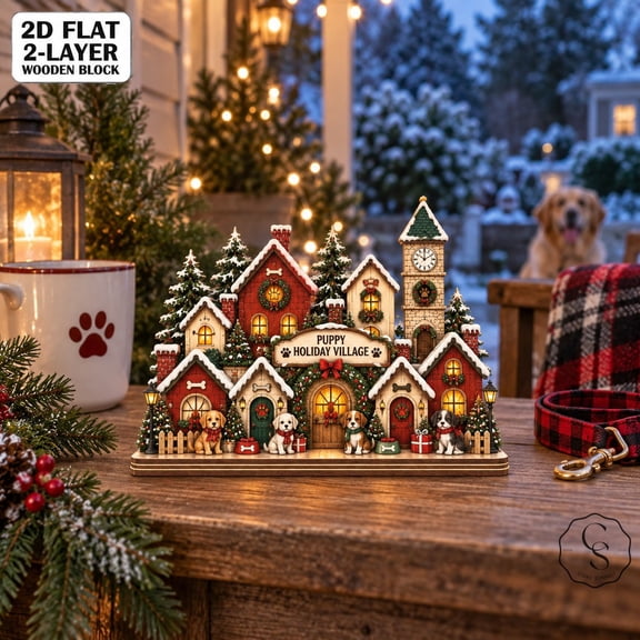 2-Layer Wooden Block Christmas Dog Village, Tabletop Display for Pet Lovers