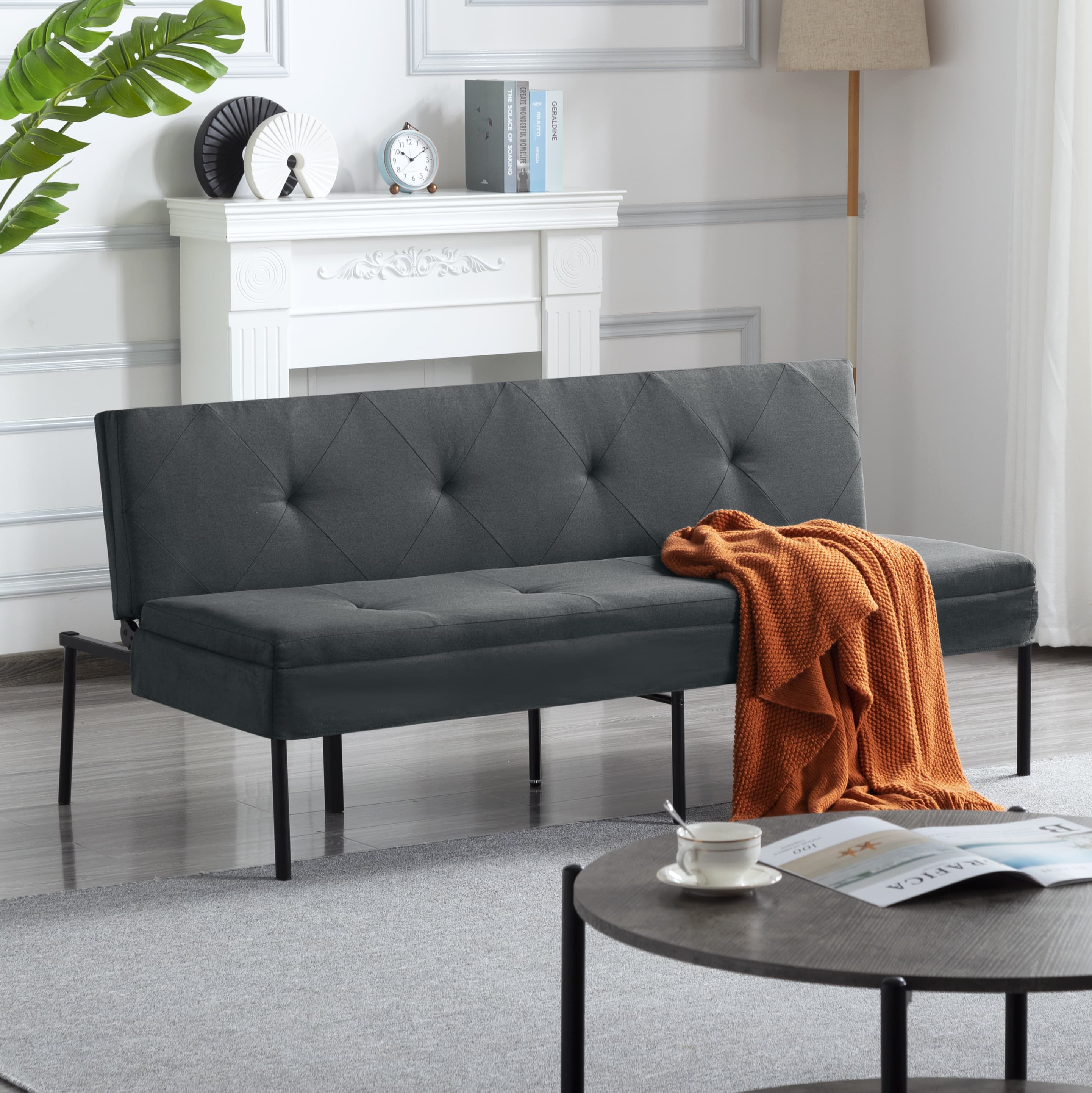 BSHTI 63.39" Futon Sofa Bed, 5-Position Adjustable Convertible Sleeper with Sturdy Iron Frame, Modern Polyester Fabric, for Small Space, Apartment, Living Room, Gray