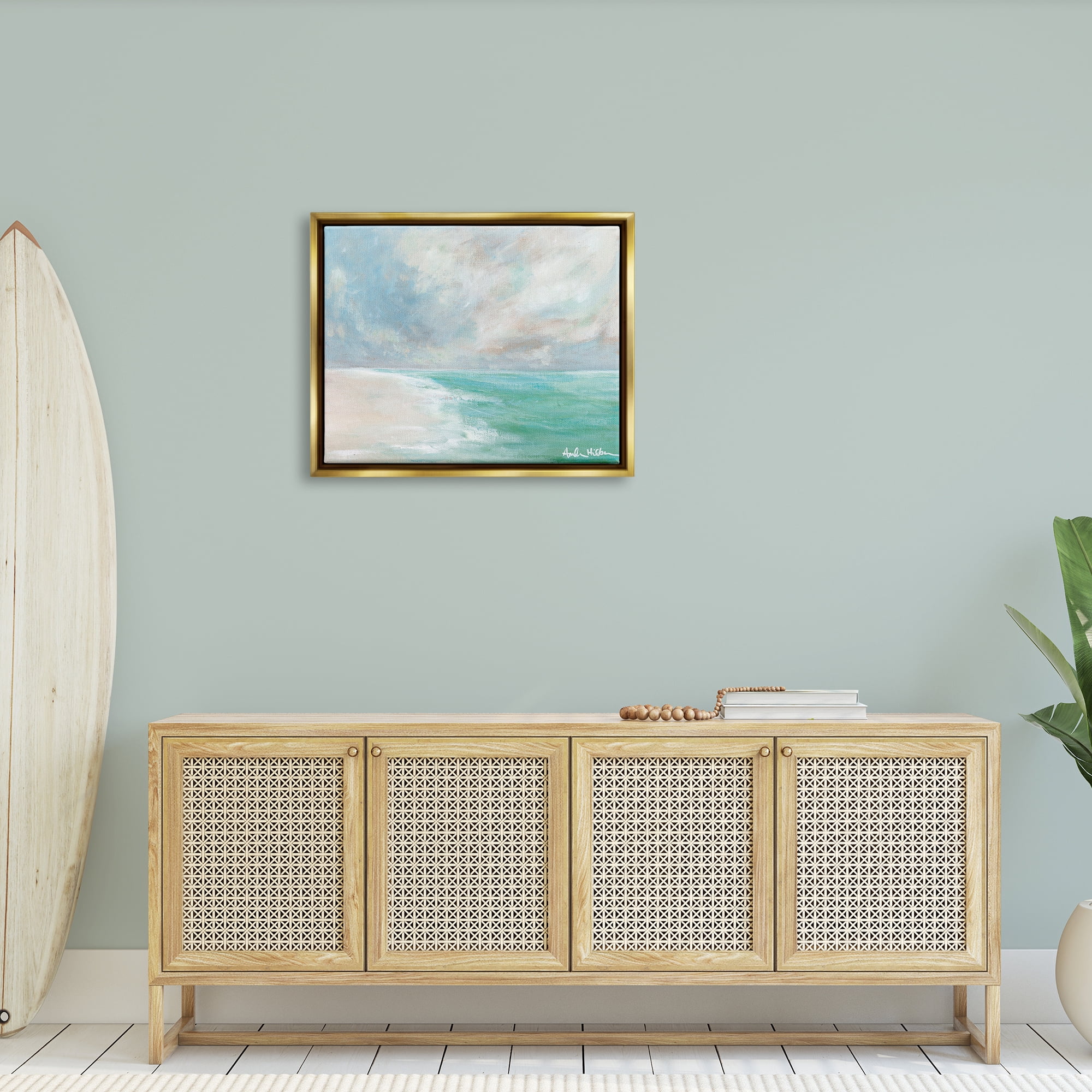 Stupell Peaceful Beach Foam Shore Scenery Landscape Painting Gold Floater Framed Art Print Wall Art