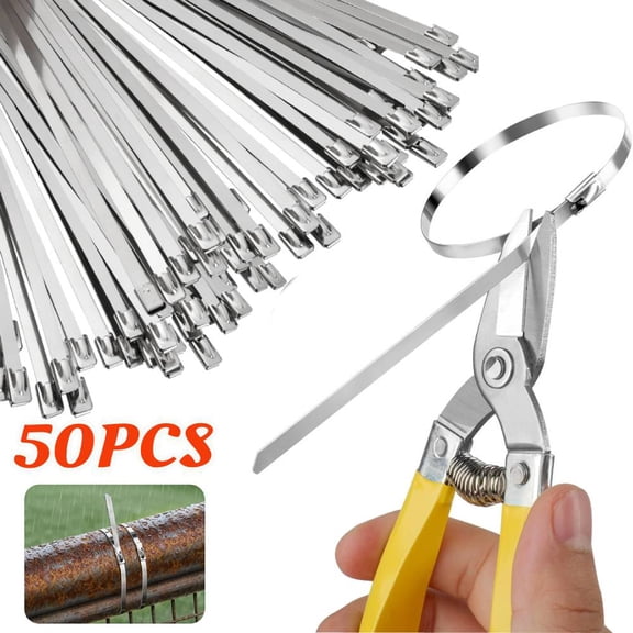 Heavy Duty Metal Zip Ties (With Tie Cutter) Uv Resistant Stainless Steel Zip Ties, 11.8 Inch 50 Pieces, Self-Locking Zip Ties, Suitable For Fixing Fences, Pipes, Etc. Outdoor