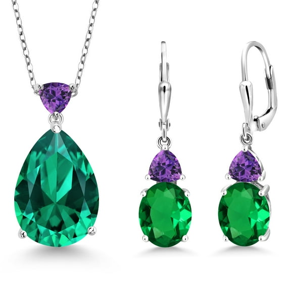 Gem Stone King 925 Sterling Silver Green Nano Emerald and Purple Amethyst Pendant Earrings Jewelry Set for Women (14.45 Cttw, Pear Shape 18X13MM, with 18 inch Chain)