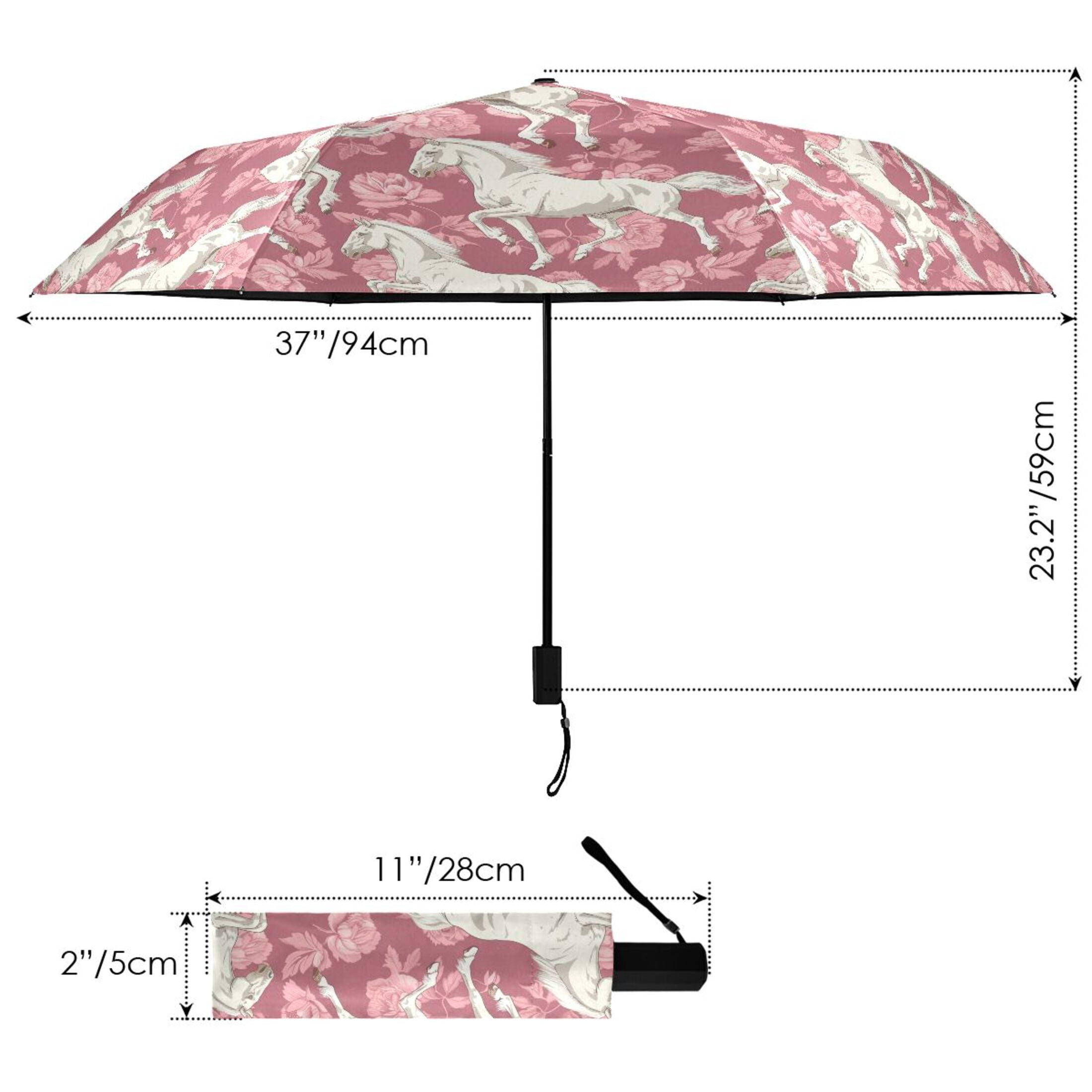 White Horse and Peonies Compact Sun Umbrella Windproof Travel Umbrellas for Rain Strong Portable UV Protection