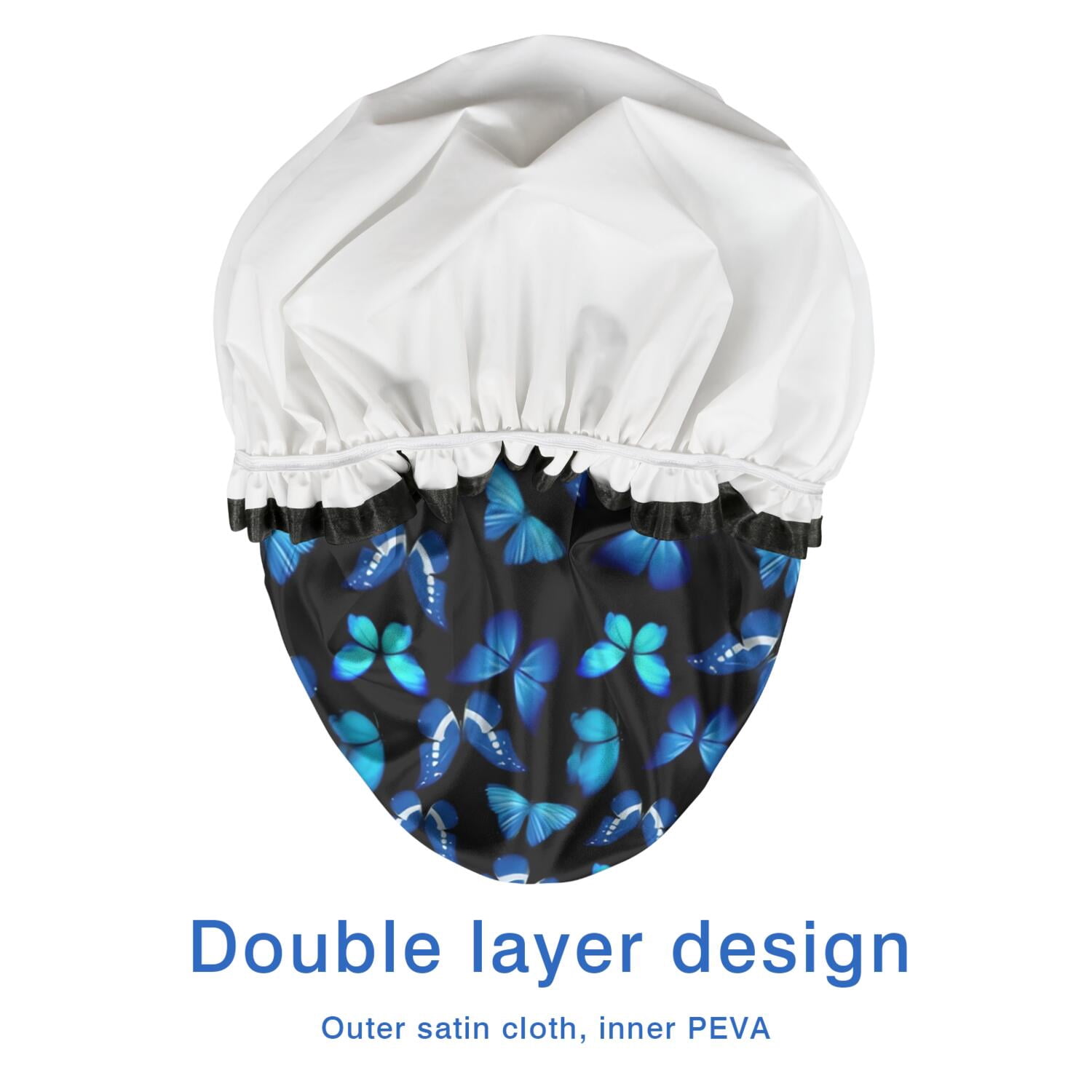 Shower Caps,Black Blue Butterfly Pattern Waterproof Shower Cap for Women 4 Pieces,Double Reusable Hair Cover for Shower PEVA Elastic Stretch Hem