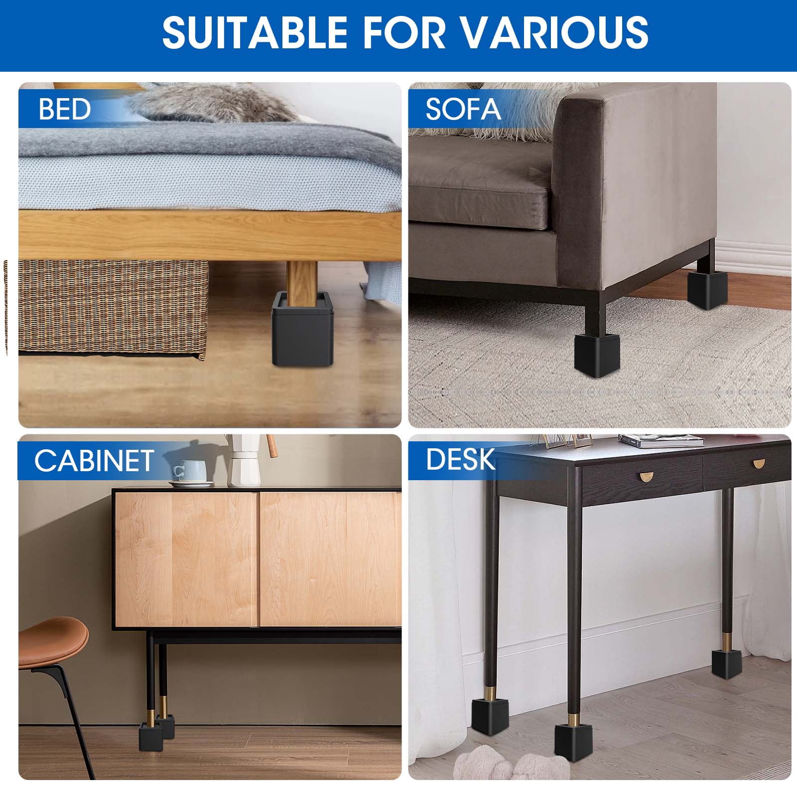 Bed Risers 10 Inch Heavy Duty, Stackable Furniture Risers Lifts 2inch 8inch, 10inch for Table, Desk Leg, Sofa, Couch, Supports Up to 6,000 Lbs, Black, 4 Pack