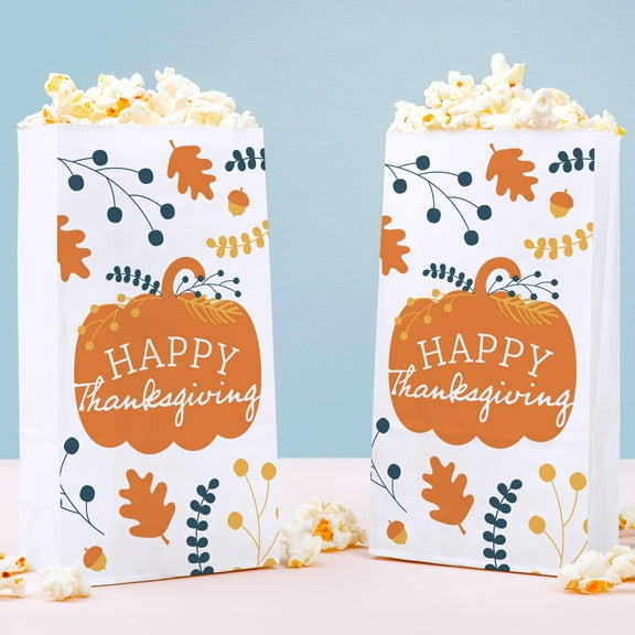 Big Dot of Happiness Happy Thanksgiving Popcorn Bags, Fall Harvest Party Favor Snack Treats, Free-Standing Individual White Paper Bags - 25 Count