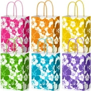 Teling 24 Pcs PriNst Hibiscus Party Favor Hawaiian Themed Paper Bag with Handles Summer Tropical Gift Tiki Luau Treat Hawaii Goodie Bags Kids Birthday Party Supplies Multicolor 8.3 x 6 x 3"
