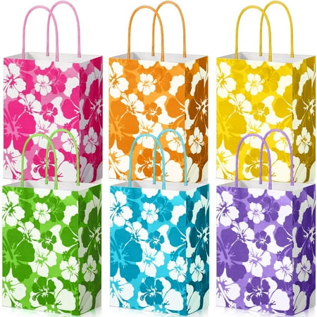 Teling 24 Pcs PriNst Hibiscus Party Favor Hawaiian Themed Paper Bag with Handles Summer Tropical Gift Tiki Luau Treat Hawaii Goodie Bags Kids Birthday Party Supplies Multicolor 8.3 x 6 x 3"