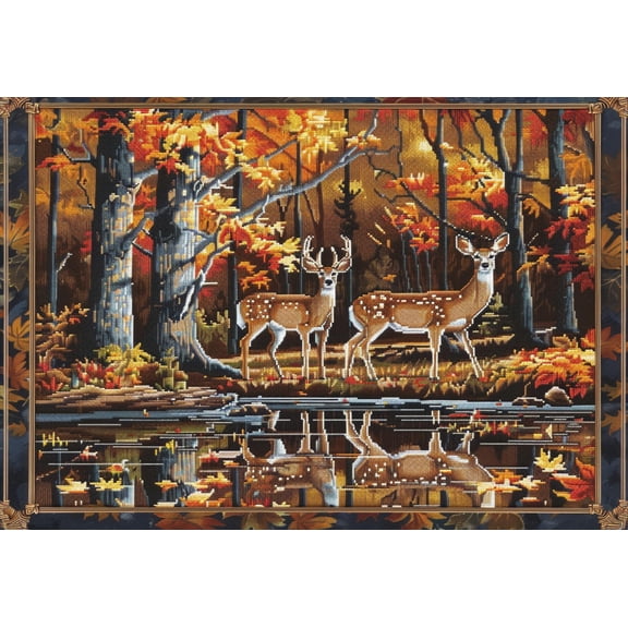 Landscape of Deer in Autumn Forest Pond DIY 11CT Stamped Cross Stitch Kits for Beginners Easy Needlepoint Embroidery Counted Cross Stitch Art Craft for Wall Decoration 12x16inch(4)