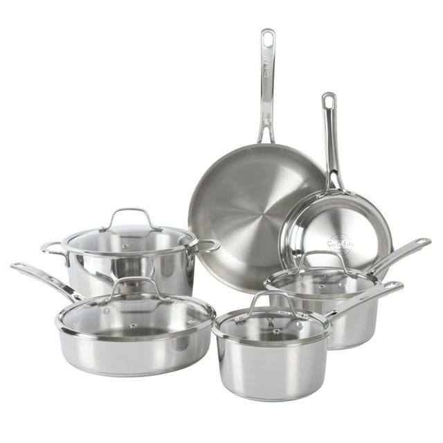 Sur La Table Kitchen Essentials Chef's Deck - Juego de ollas y sartenes de acero inoxidable no tóxico de 10 piezas con base triplemente encapsulada, apto para inducción