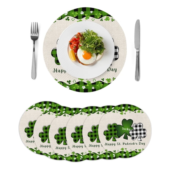 St. Patrick's Day Round 13 Inch Placemats Set of 6, Green and Black Checkered Lucky HeatResistant Non Slip Place Mats for Dining Table, Wipeable Braided Kitchen Table Mats for Housewarming