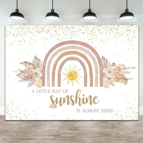 Boho Rainbow Baby Shower Backdrop A Little Ray of Sunshine is Almost Here Baby Shower Party Banner Wall Decorations Boho Pampas Dots Girls Baby Shower Background