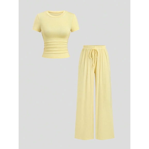 Women's Short Sleeve Slim Fit Top & Drawstring Wide Leg Pants Elegant 2 Piece Outfit Set