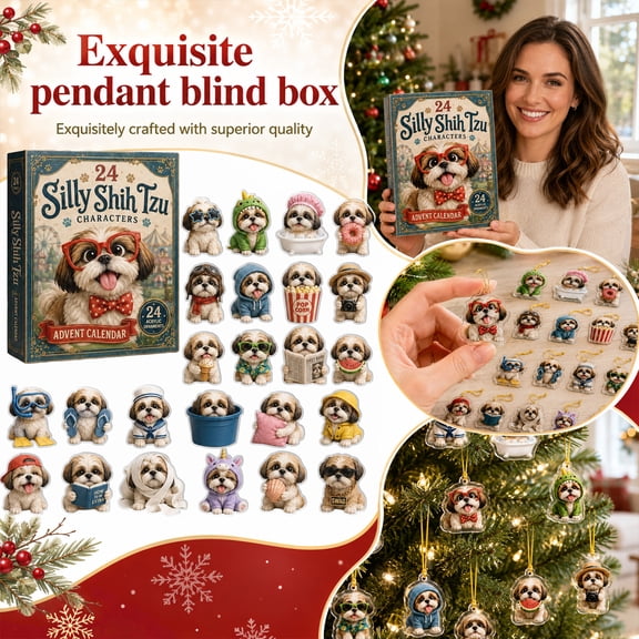 Uemqzd 24 Silly Shih Tzu Advent Calendar, 24Pcs 2D Acrylic Funny Dog Ornaments, Holiday Countdown Surprise Box for Christmas Tree Hanging Decor, Shih Tzu Lovers Gift