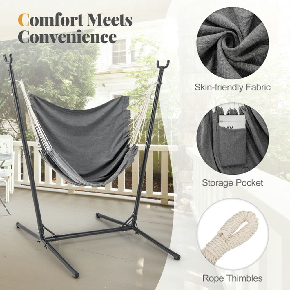 Demifill Hammock Chair with Stand 6-Position Adjustable Height and Side Pocket, Hammock Patio Furniture, Gray