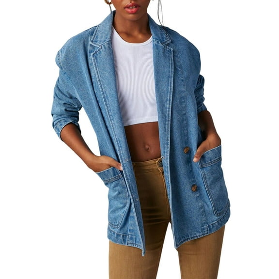 Women Oversized Denim Jacket Casual Button Up Blazer Notched Lapel Jean Shacket Coat Blue L
