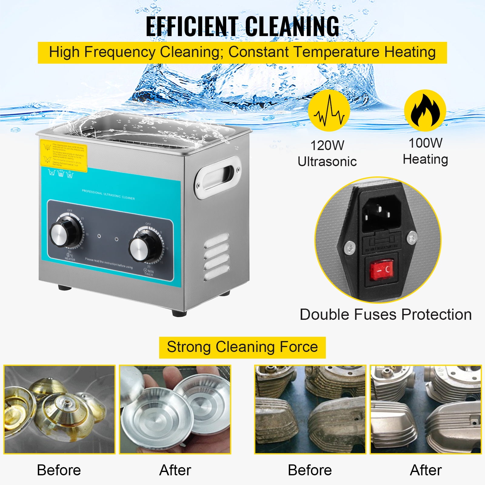 VEVORbrand Knob Ultrasonic Cleaner 3L 40kHz Ultrasonic Cleaning Machine Knob Control 304 Stainless Steel Ultrasonic Cleaner Machine with Heater & Timer for Cleaning Jewelry Eyeglasses Watches