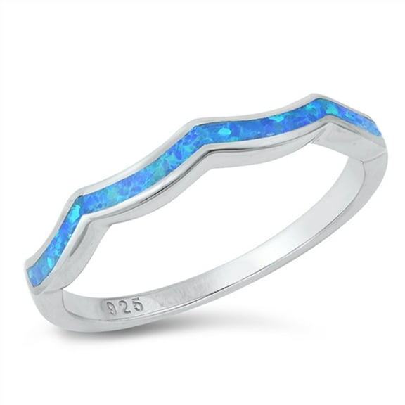 CHOOSE YOUR COLOR Blue Simulated Opal Scalloped Wave .925 Sterling Silver Band CZ Female Size 7