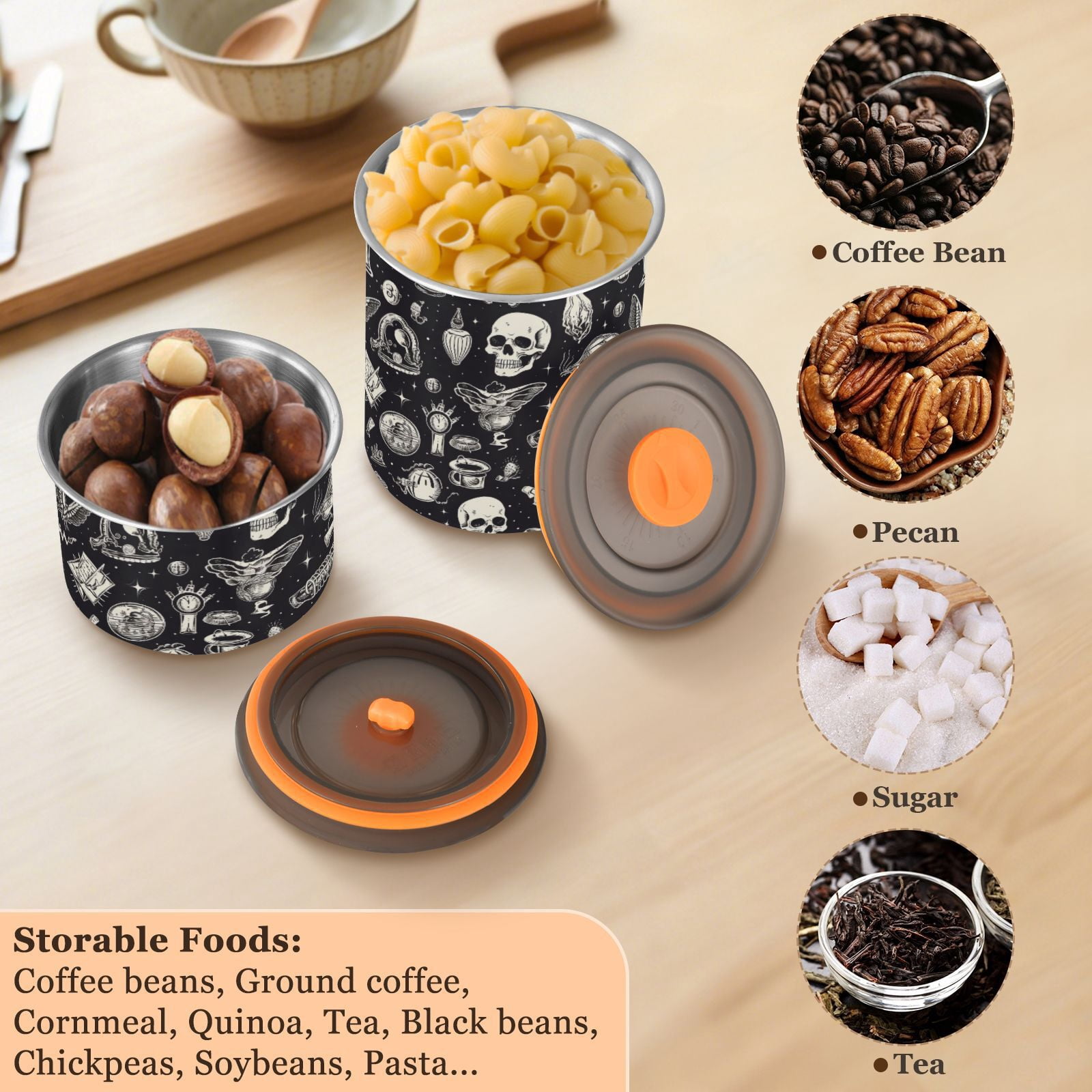 Skull Witchy Airtight Coffee Bean Canister 30oz Food Storage Containers with Lids For Gournd, Tea, Sugar, Flour, Rice, Cereal, Candy Cookie Jar