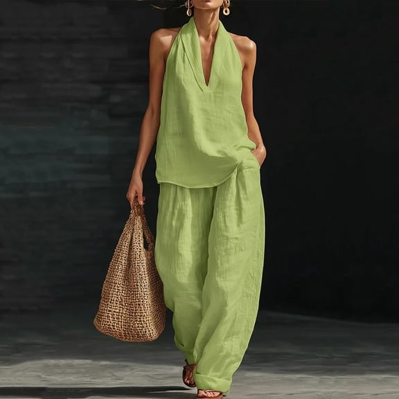 Cutuoiiu Womens Solid Color Cotton Linen Two Piece Set Halter Neck Top and Wide Leg Pants Outfit Gifts