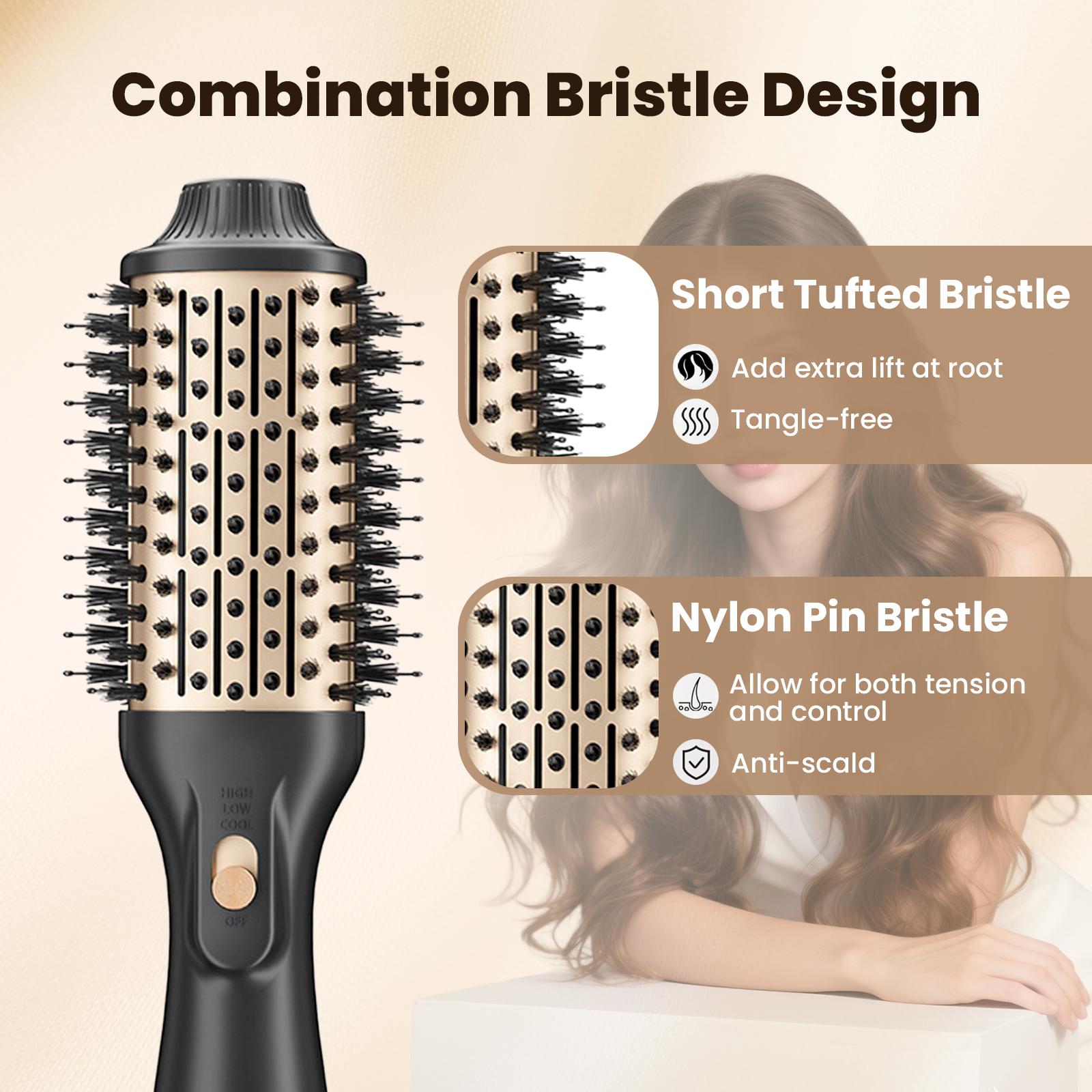 Hair Dryer Brush, Blow Dryer with Negative Ion Anti-Frizz Ceramic Titanium Barrel, Easy & Fast Salon-Style Blowouts, Black Gold