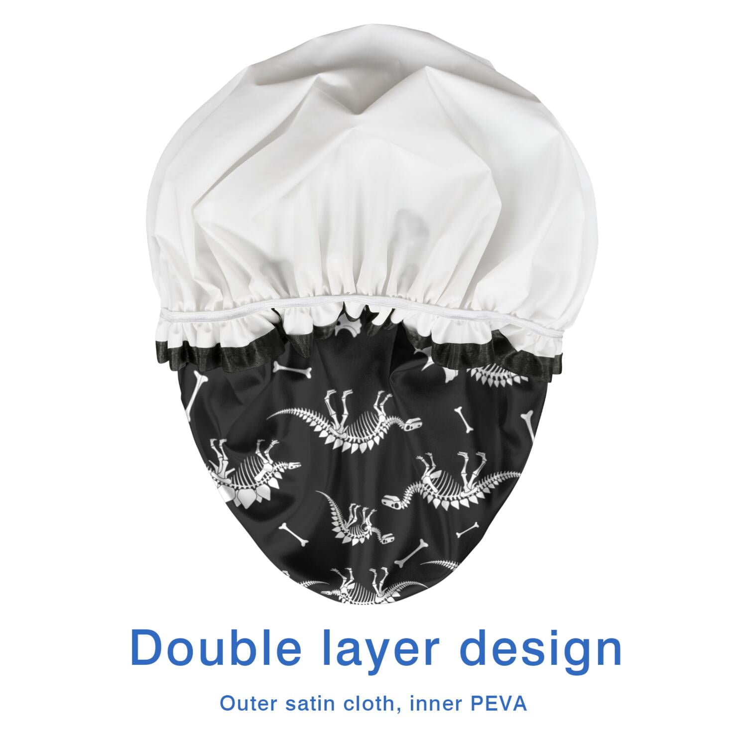 Shower Caps,Black Cartoon Dinosaurs Skeletons Bones Pattern Waterproof Shower Cap for Women 4 Pieces,Double Reusable Hair Cover for Shower PEVA Elastic Stretch Hem
