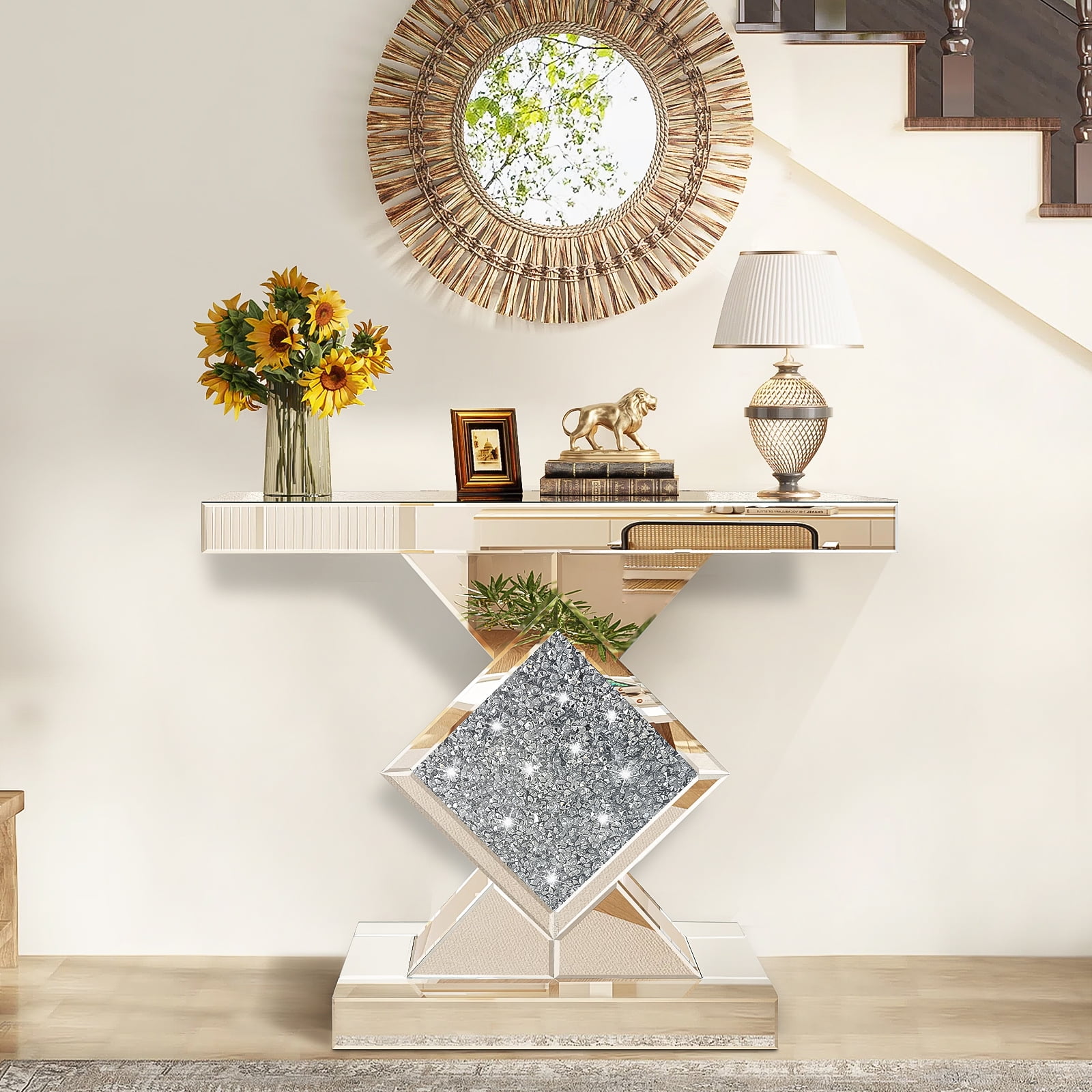 Mirrored Console Table with Crushed Diamond Inlay, 31.5'' Long Silver Accent Narrow Table Entryway Table, Diamond Shaped, for Living Room Hallway Entrance Foyer