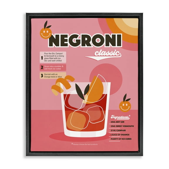 Stupell Industries Retro Negroni Cocktail Recipe Food & Beverage Painting Black Floater Framed Canvas Art Print Wall Art, 17 x 21