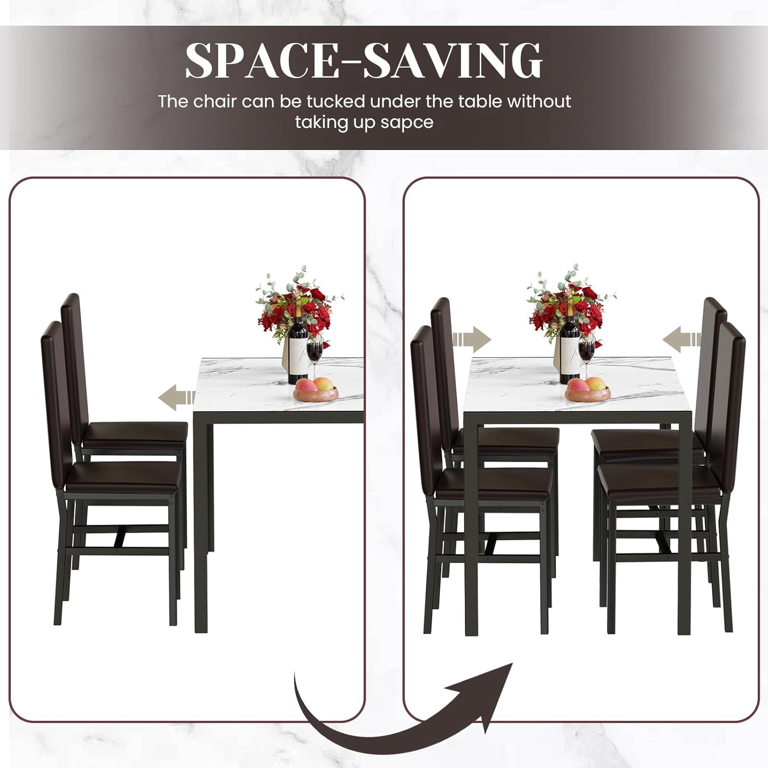 AWQM Marble Kitchen Dining Table Set, Dining Table Set for 4 with 4 PU Leather Upholstered Chairs, Metal Frame, Small Space Dining Table Set for Apartment, Kitchen, Dining Room, White/Brown