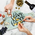 thumbnail image 4 of Live Laugh Love Cutting Board, Hand Lettering on Dotted Backdrop Inspirational Phrase, Decorative Tempered Glass Cutting and Serving Board, Wine Bottle Shape, Black White Yellow, by Ambesonne, 4 of 5