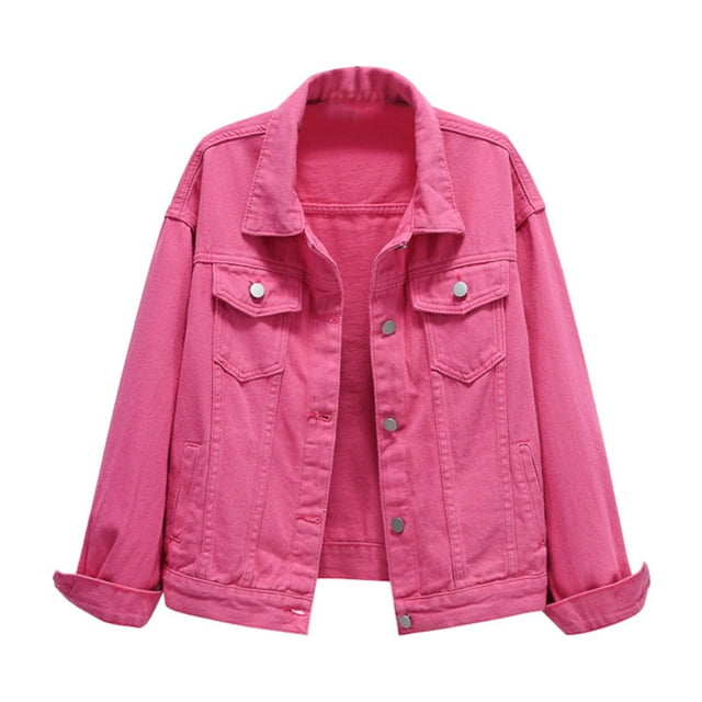 Women's Denim Jackets Fashion Casual Colorful Solid Large Pocket Button Coat Short Style for Modern Ladies