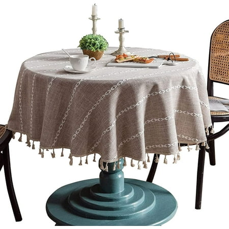 

Round Rustic Tablecloth Farmhouse Striped Cotton Linen Tablecloth with Tassel Heavy Duty Table Cover for Kitchen Dinning Tabletop Christmas Decoration (Brown Round 60 in)