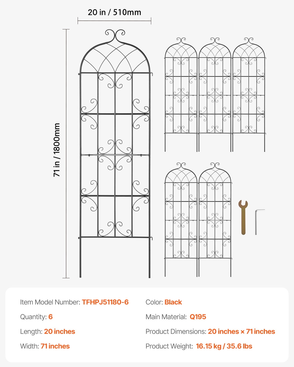 VEVOR Garden Trellis for Climbing Plants, 71 x 20 in, 6 Packs Rustproof Metal Garden Flower Trellis, Outdoor Climbing Rose Trellis Cucumbers Support, Decorative Clematis Trellis for Courtyards Lawns